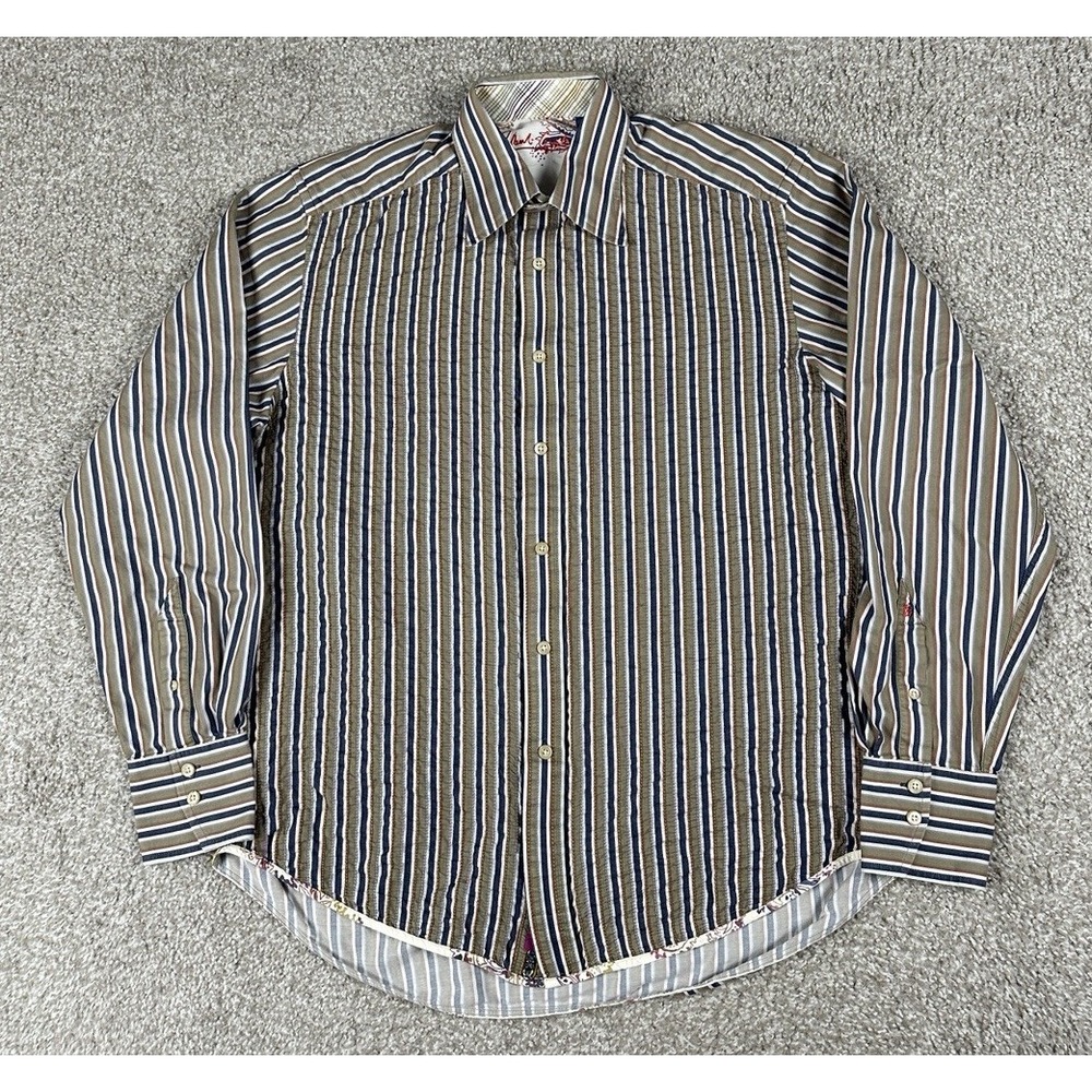 Robert Graham Shirt Mens Large Green Striped‎ Button Up Long Sleeve Textured